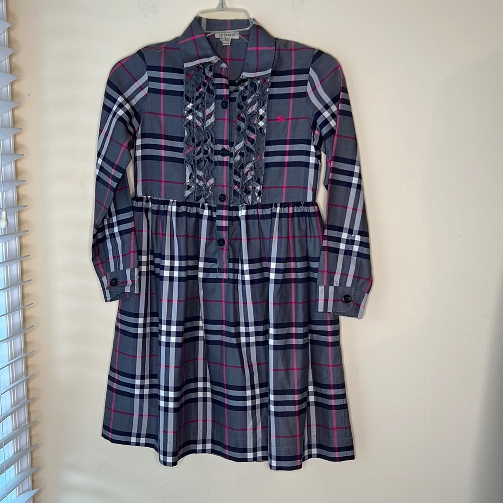 Burberry Gray Plaid Dress with Pink Trim